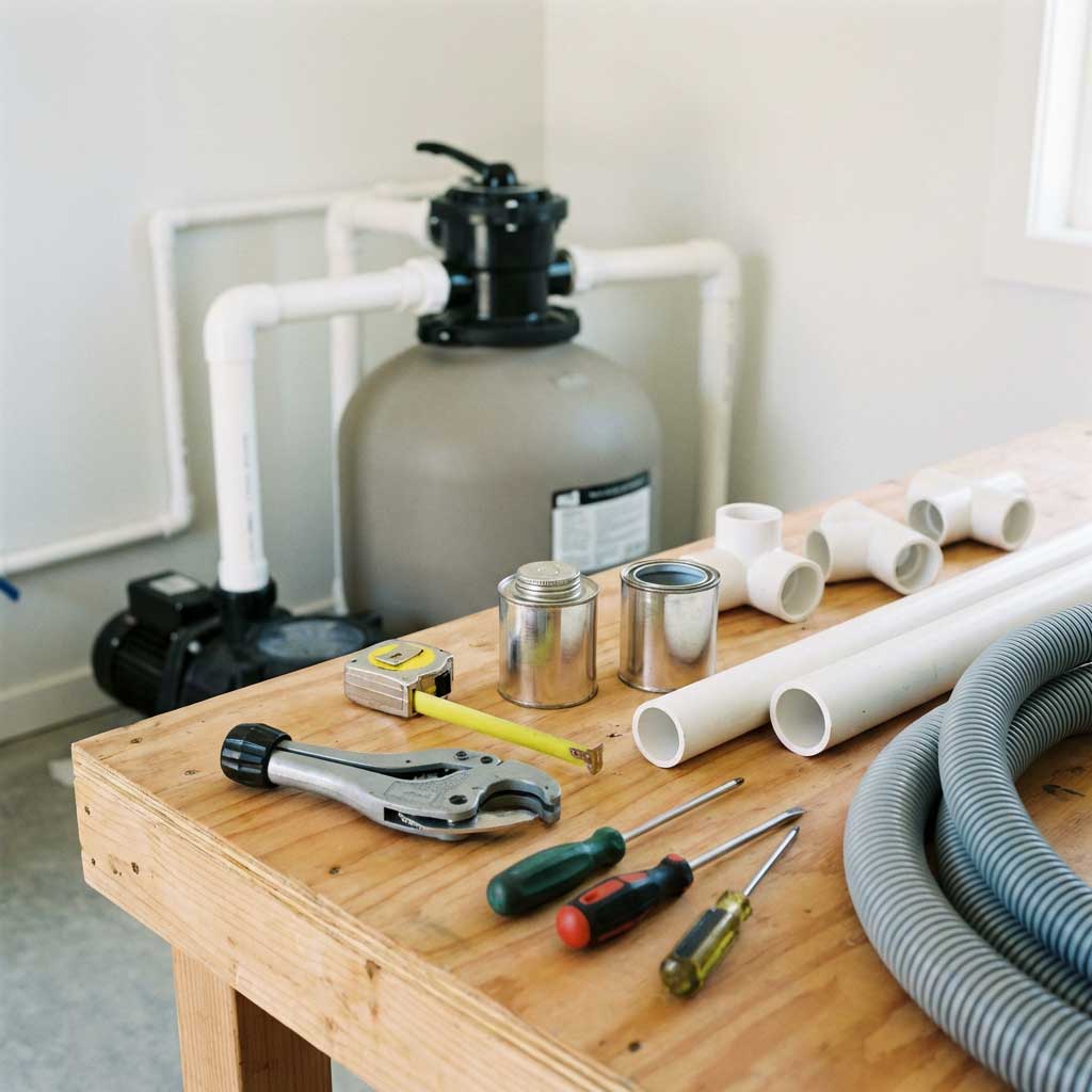 Das Bild zeigt Komponenten des Poolfiltersystems und PVC-Rohre sowie Werkzeuge und Zubehör.