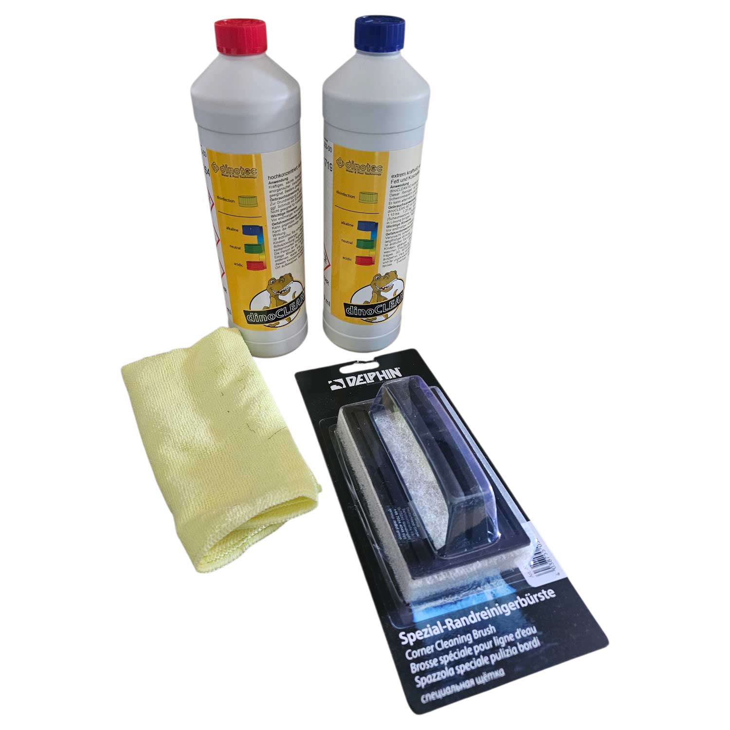 Zwei Flaschen Poolreinigungslösung, ein Reinigungstuch und eine Eckenbürste.