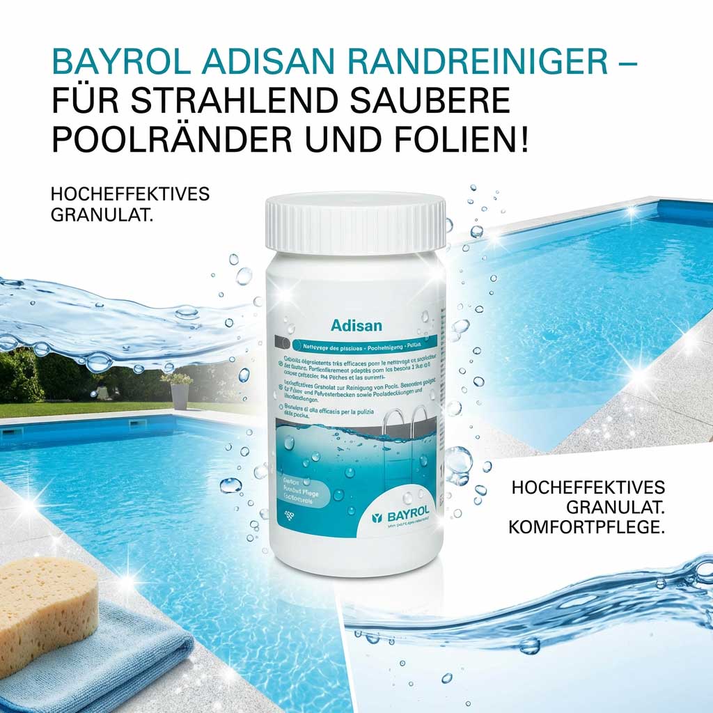 Poolreiniger-Granulat neben einem Schwimmbad mit klarem Wasser.