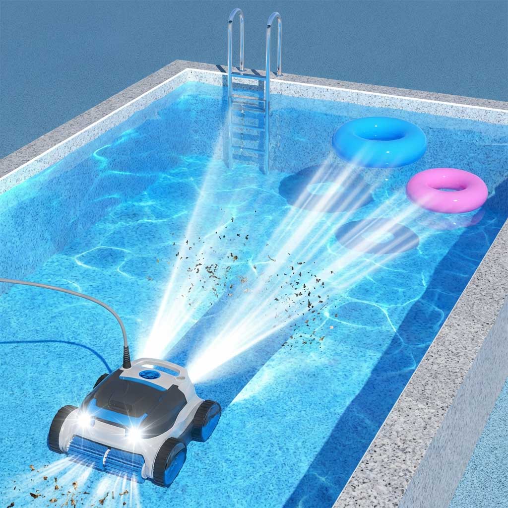 Automatisierter Poolreiniger, der in einem Schwimmbad mit einer Leiter betrieben wird.