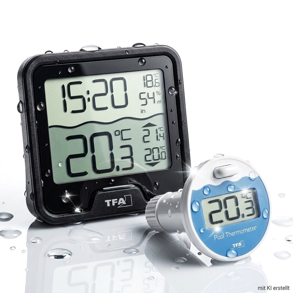 Ein digitales Poolthermometer und eine Basisstation, die Wassertemperatur und -zeit anzeigt.
