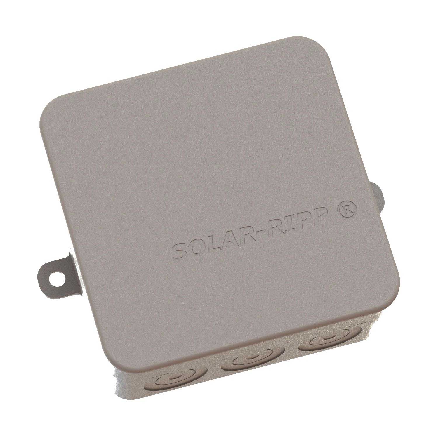 Das Bild zeigt einen grauen elektrischen Anschlusskasten von Solar-Ripp mit Montagelaschen und Leitungseinführungen.