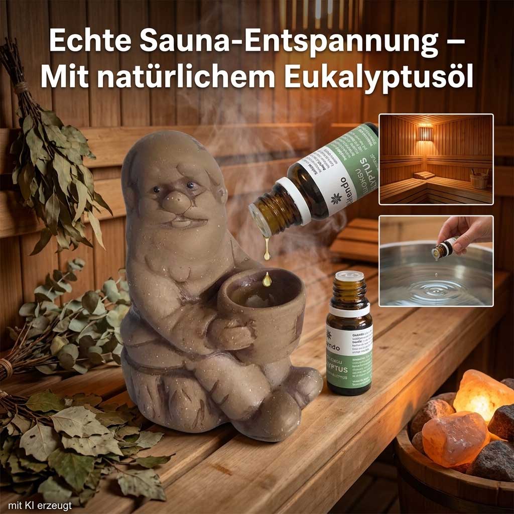 Eine kleine Keramikfigur hält eine Schüssel, in die Eukalyptusöl gegossen wird.