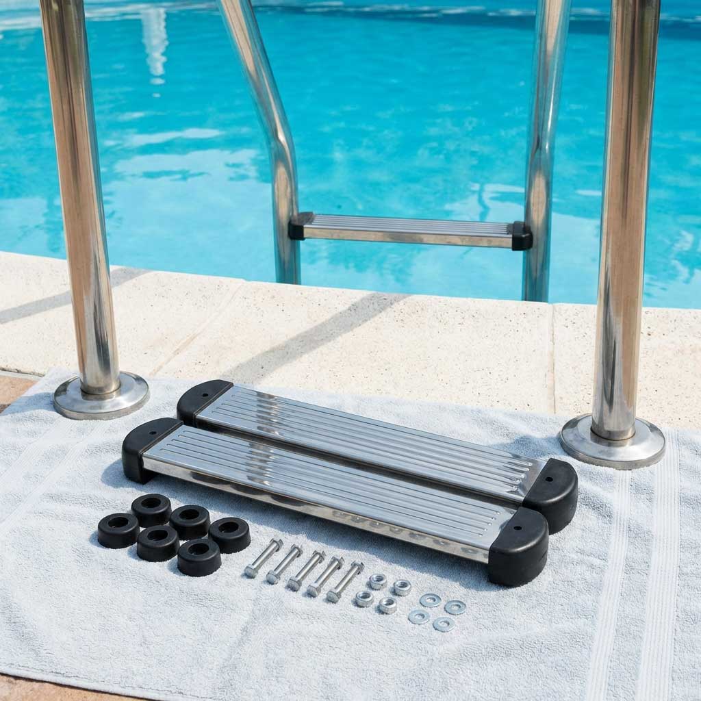 Ersatzstufen für die Poolleiter mit Hardware, neben einer Poolleiter aus Edelstahl am Pool.