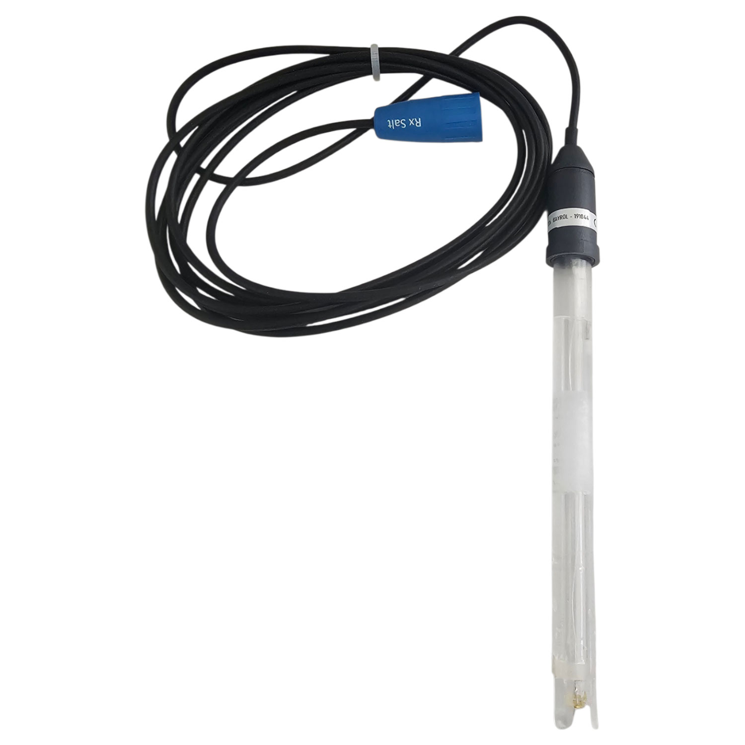 Ein Poolwasser-Redoxsensor mit schwarzem Kabel und blauem Anschlussstecker auf weißem Hintergrund.