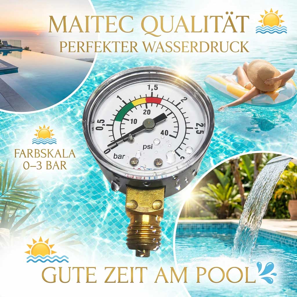 Wasserdruckmesser mit Anzeige von 0–3 bar für die Poolwartung.