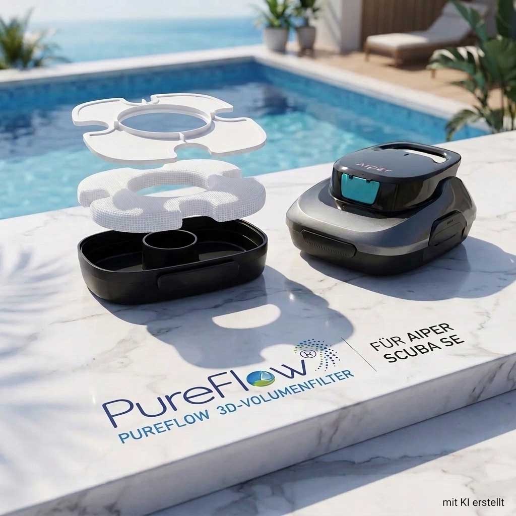 Ein Roboter-Poolreiniger neben seinen zerlegten Filterkomponenten auf einer Marmoroberfläche.