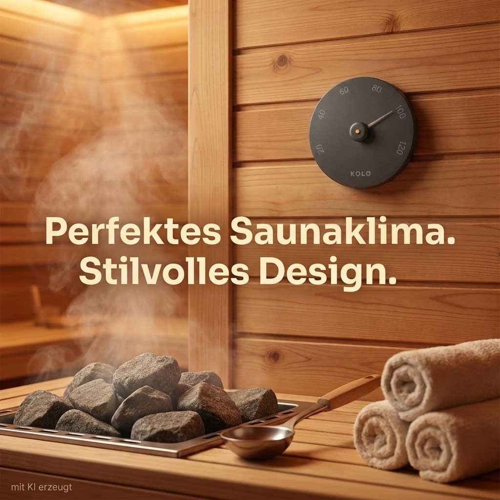 Ein rundes Saunathermometer, montiert an einer Holzwand über Saunasteinen und einer Schöpfkelle.