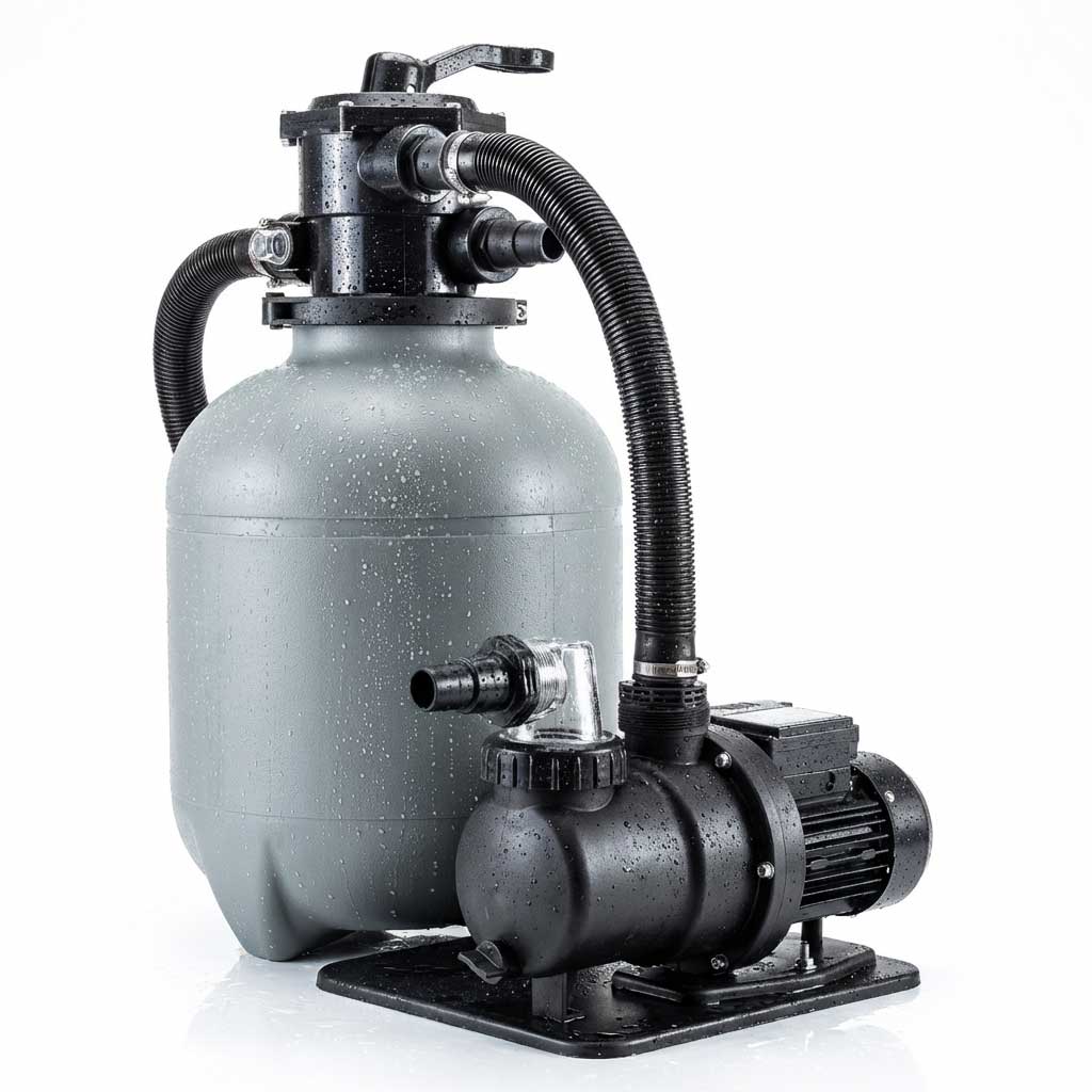 Grauer Poolfilter und Pumpe mit Schläuchen und Wassertropfen.