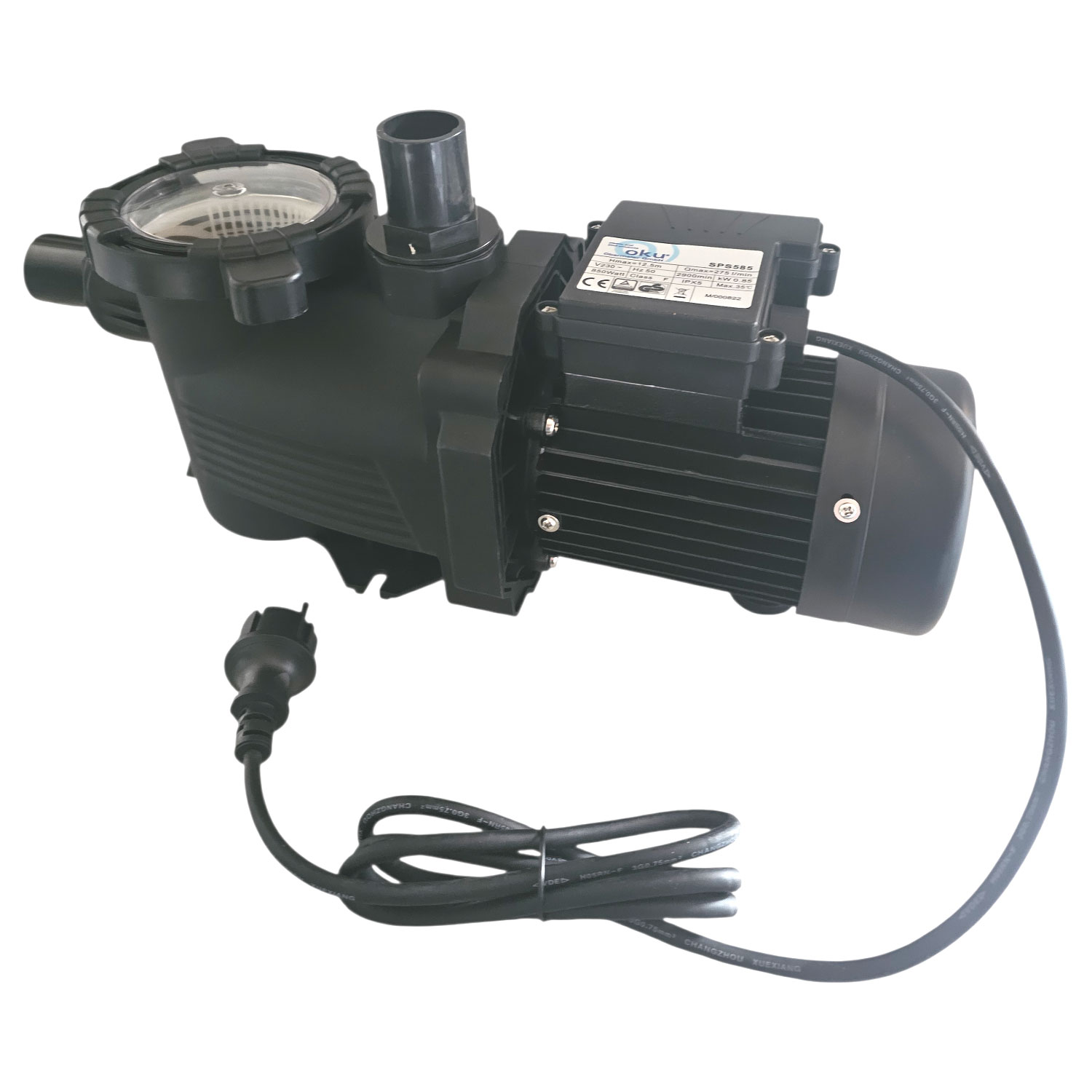 Poolpumpe mit transparentem Sichtfenster und Stromkabel.