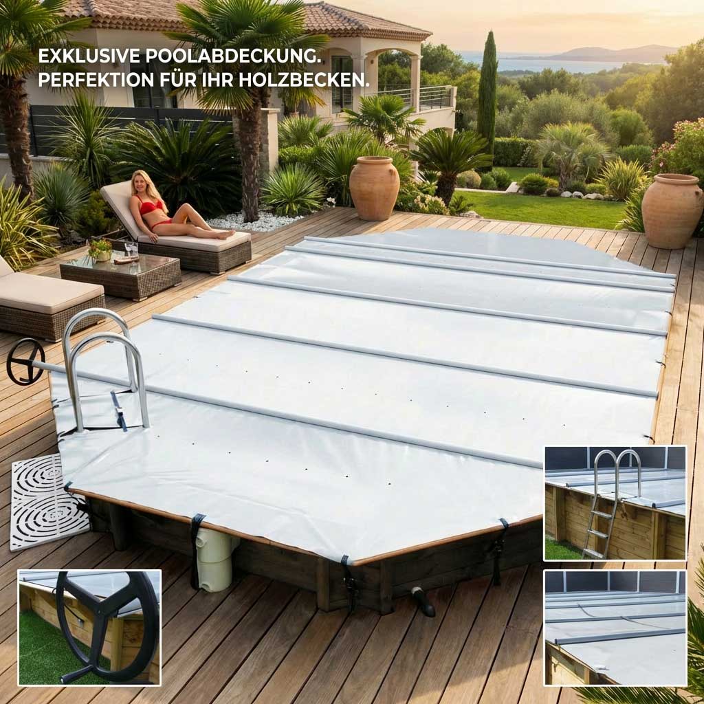 Weiße Poolabdeckung, installiert über einem hölzernen Pooldeck mit Leiter.