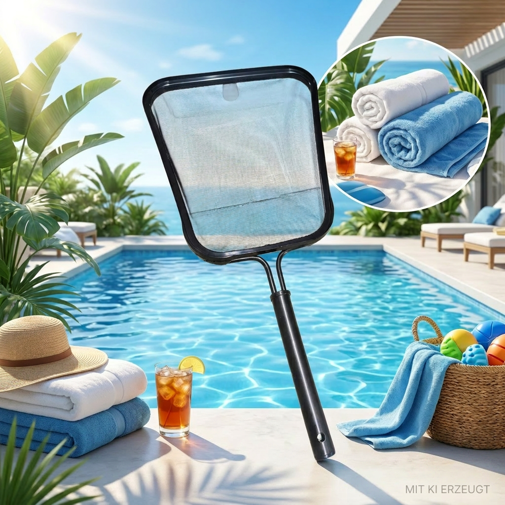 Poolreinigungsnetz vor einem klaren Swimmingpool mit Handtuchstapel.