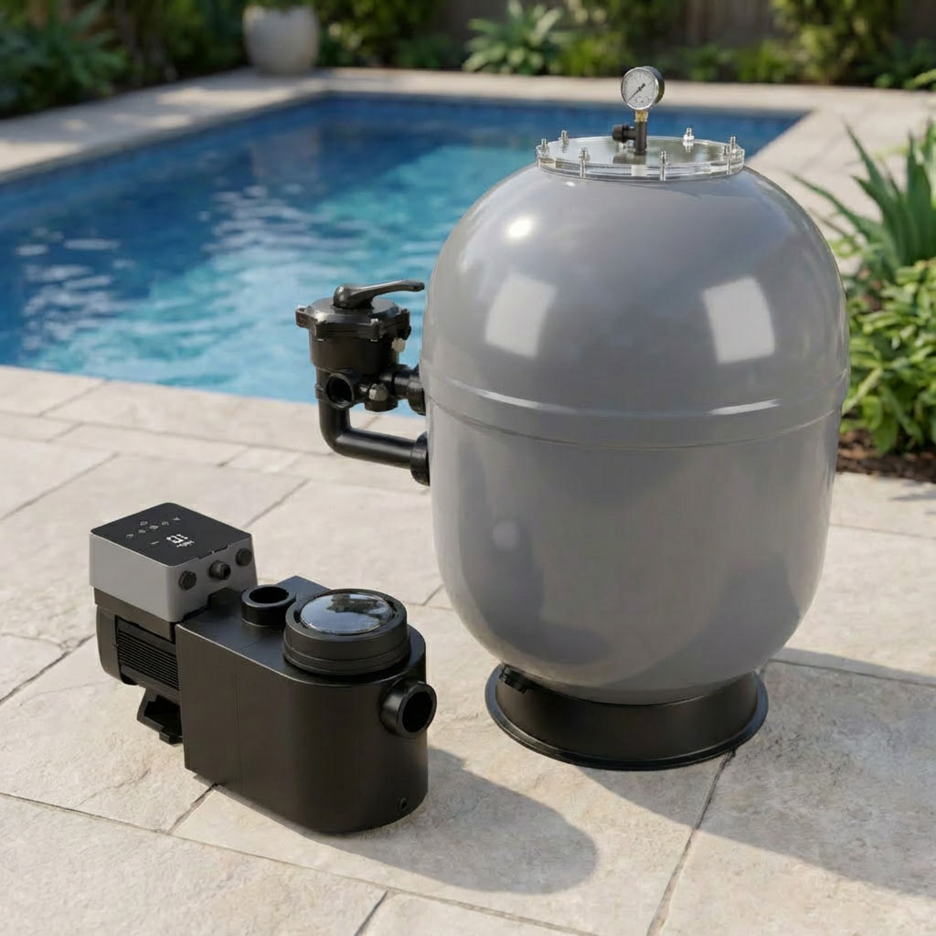 Poolfiltersystem mit zylindrischem Tank und Pumpe auf der Terrasse.
