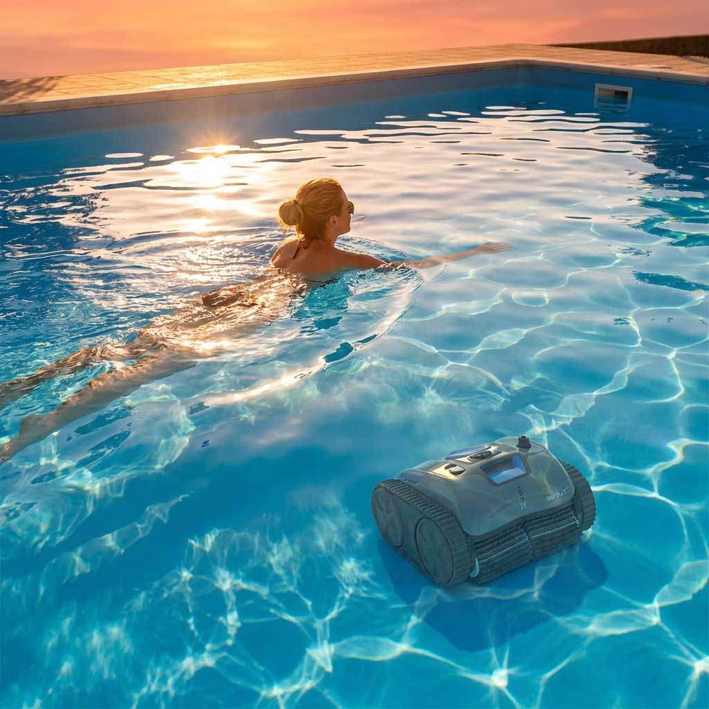 Frau schwimmt in einem Pool mit einem automatischen Poolreinigungsroboter im Vordergrund.
