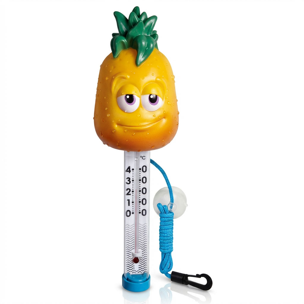 Ein ananasförmiges Poolthermometer mit blauer Schnur und Schwimmer.