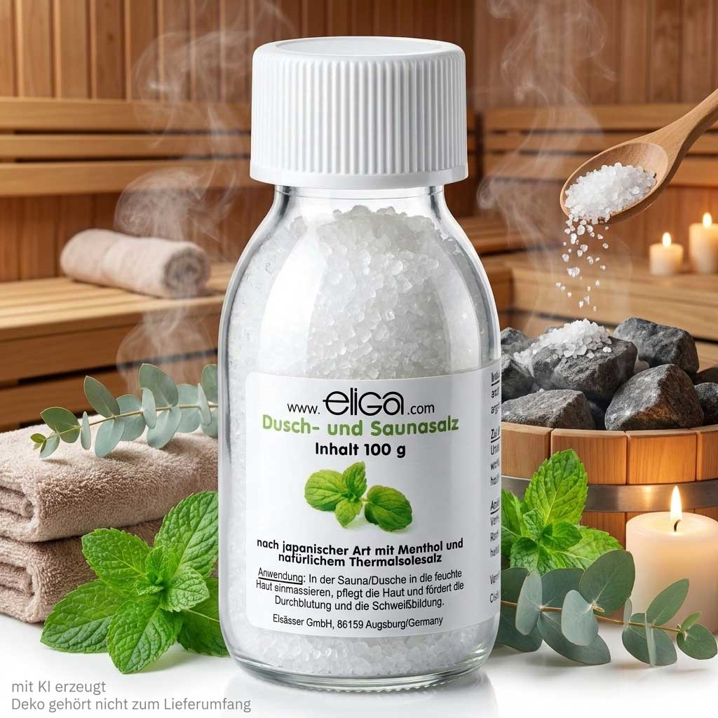 Eine durchsichtige Plastikflasche Eliga Dusch- und Saunasalz mit Menthol, enthält 100 Gramm Salz.
