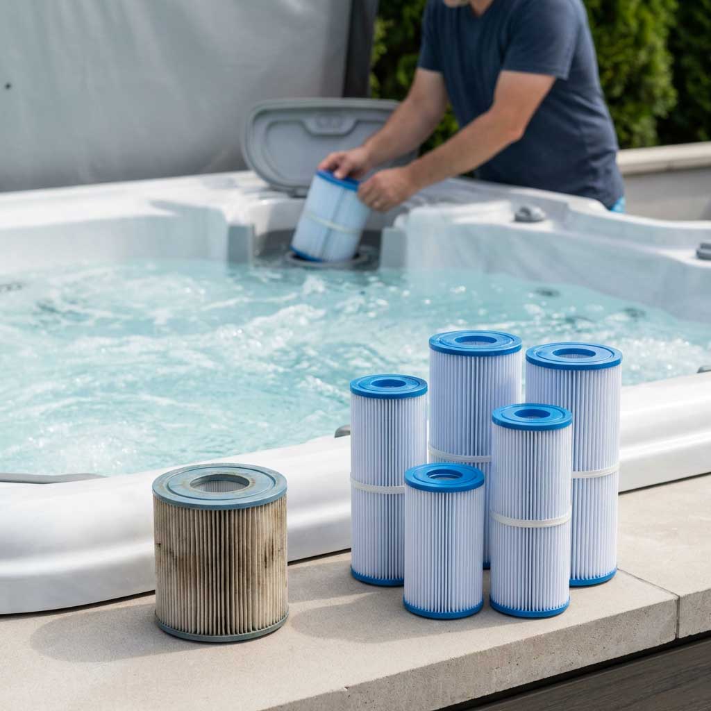 Das Bild zeigt ein Spa mit neuen und gebrauchten Filterkartuschen und einer Person, die den Filter wechselt.