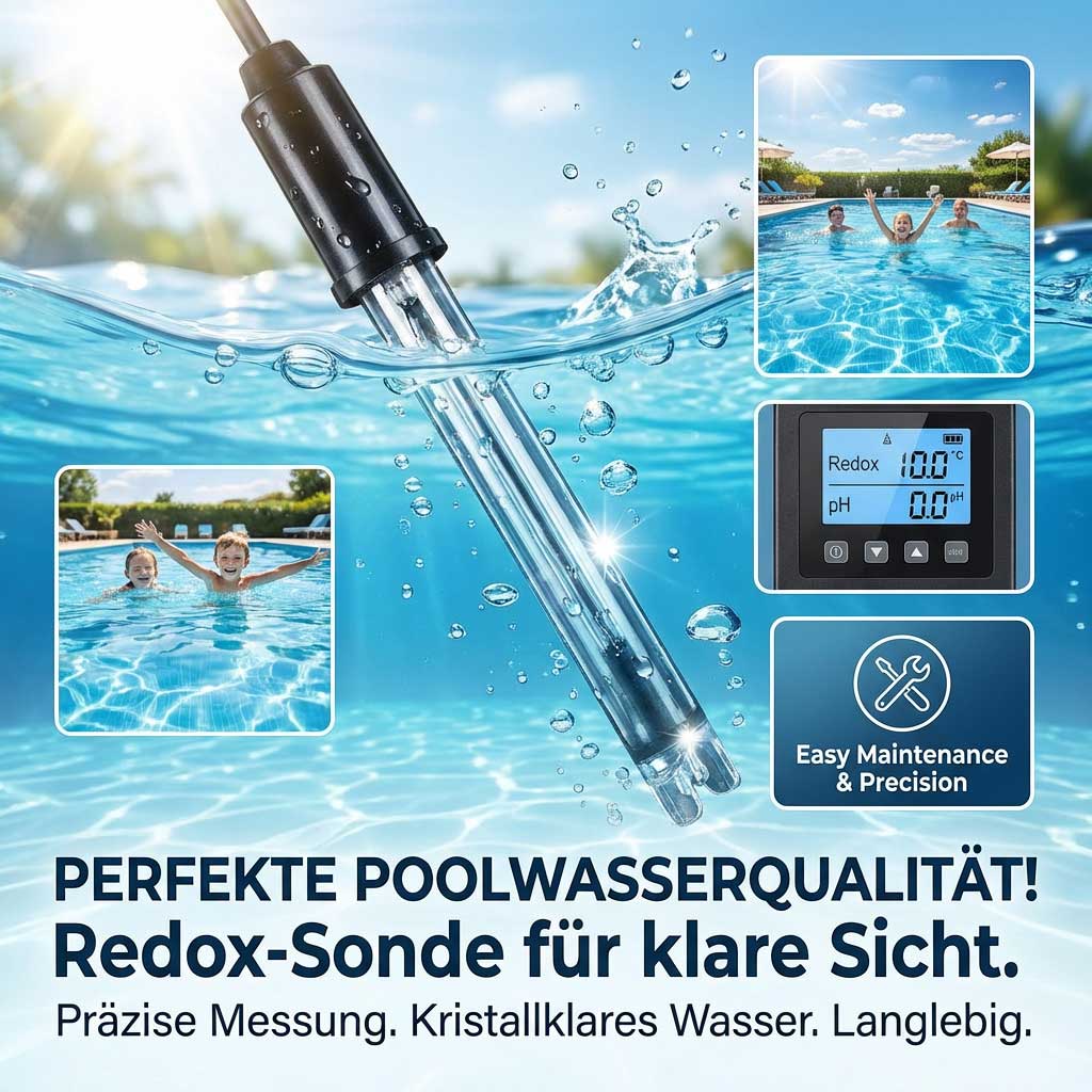 Redox-Sonde eingetaucht in klares Beckenwasser mit Messwertanzeige.