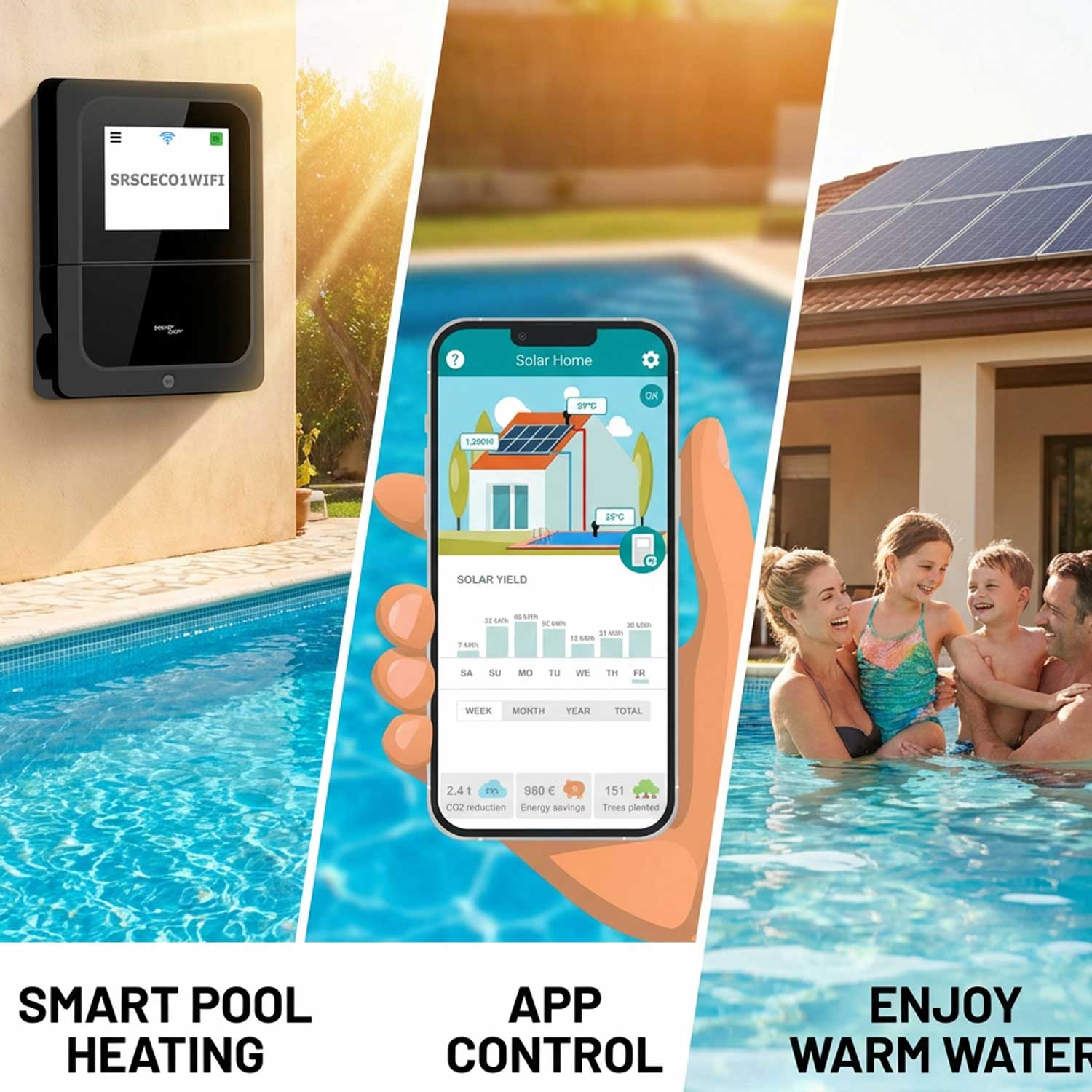 Zusammengesetztes Bild, das die Funktionen eines intelligenten Poolheizungssystems zeigt, einschließlich Steuerung, App und Solarpaneelen.