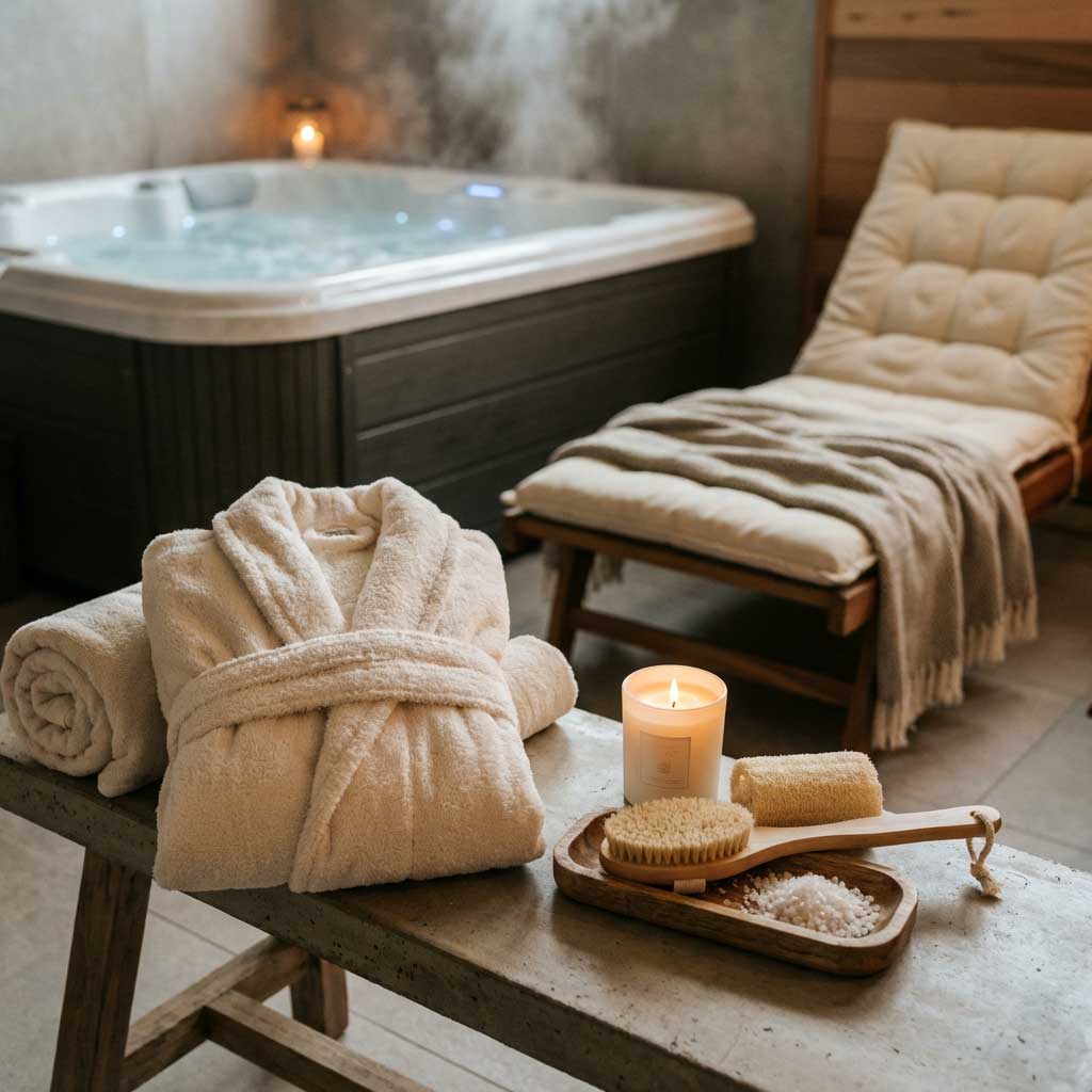 Das Bild zeigt einen Whirlpool, einen Bademantel und einen Liegestuhl in einer Spa-ähnlichen Umgebung. Badzubehör inklusive.