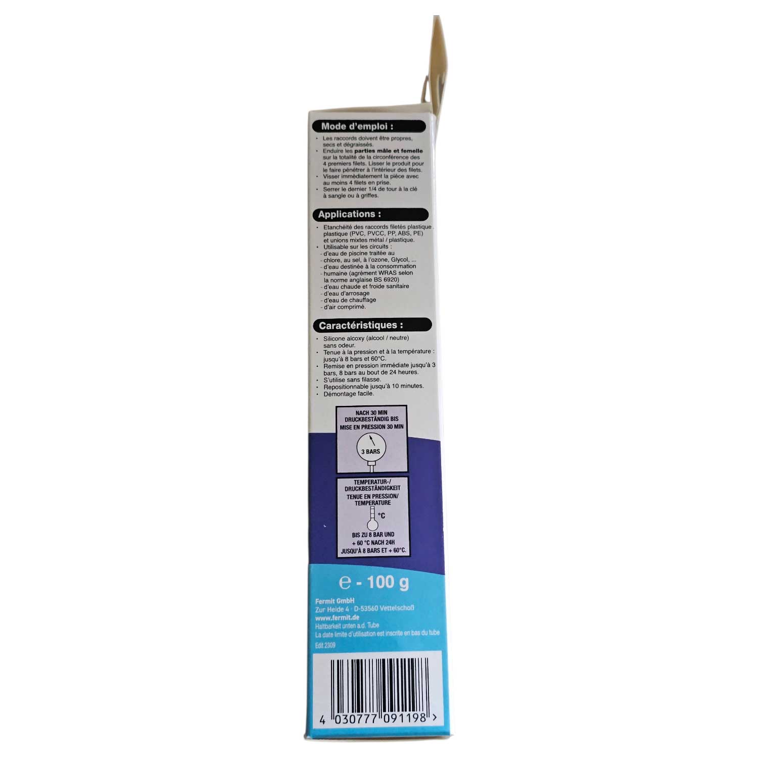 Seitenansicht einer Tube mit 100 g Silikondichtstoff mit Gebrauchsanweisung.