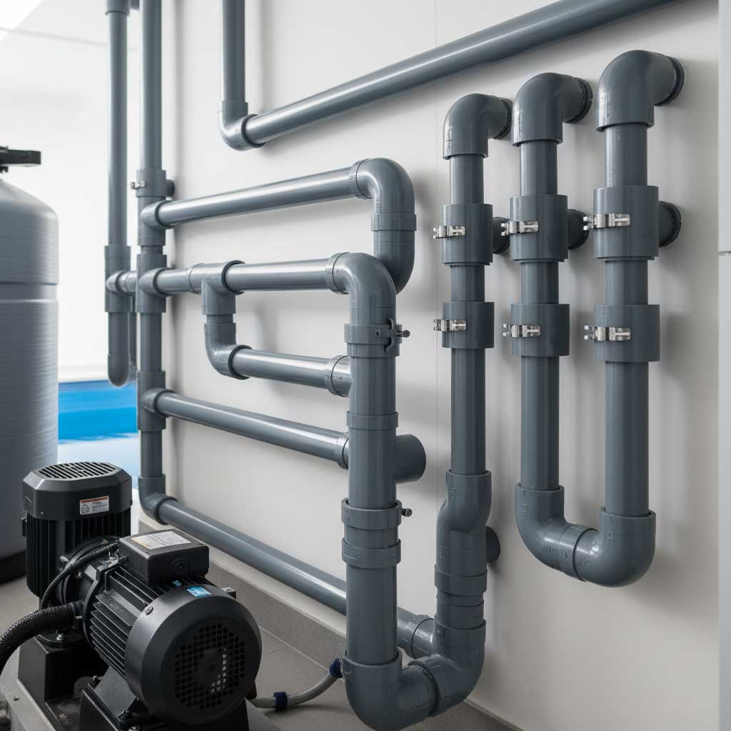 Das Bild zeigt ein Poolpumpensystem mit grauen PVC-Rohrleitungen, einem Elektromotor und einem Filtertank.