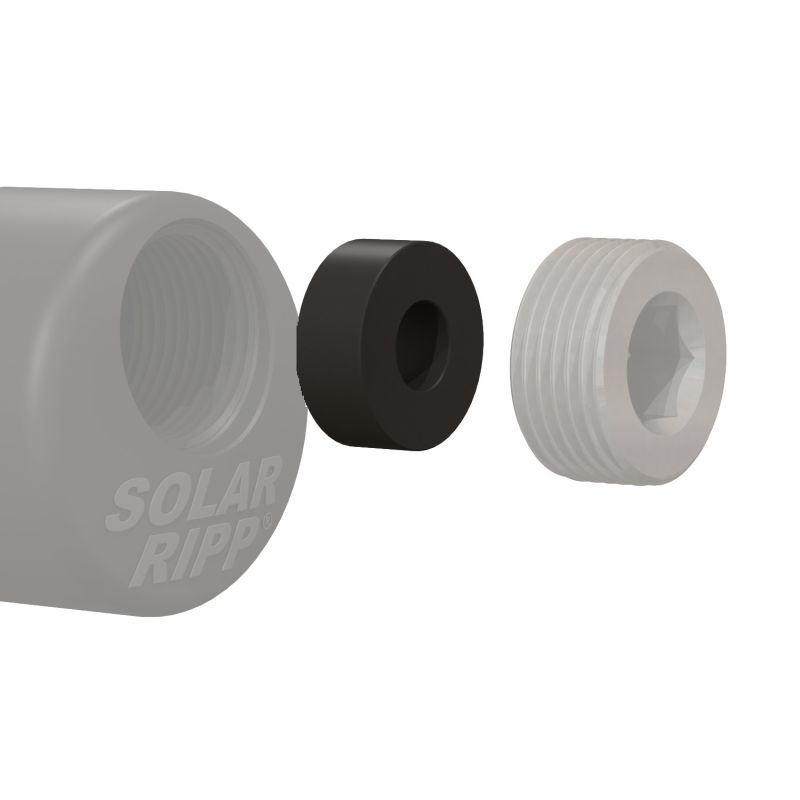 Explosionszeichnung eines Solar Ripp-Fittings mit einer schwarzen Buchse und einer Gewindestopfenkomponente.