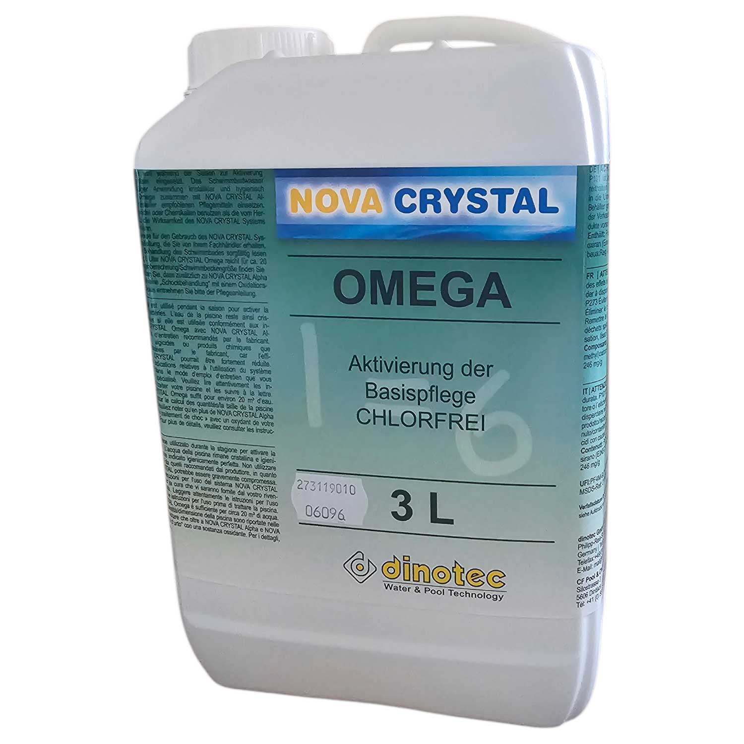 Dinotec Nova Crystal Omega 3L, ein chlorfreies Produkt zur aktivierenden Basis-Poolpflege.