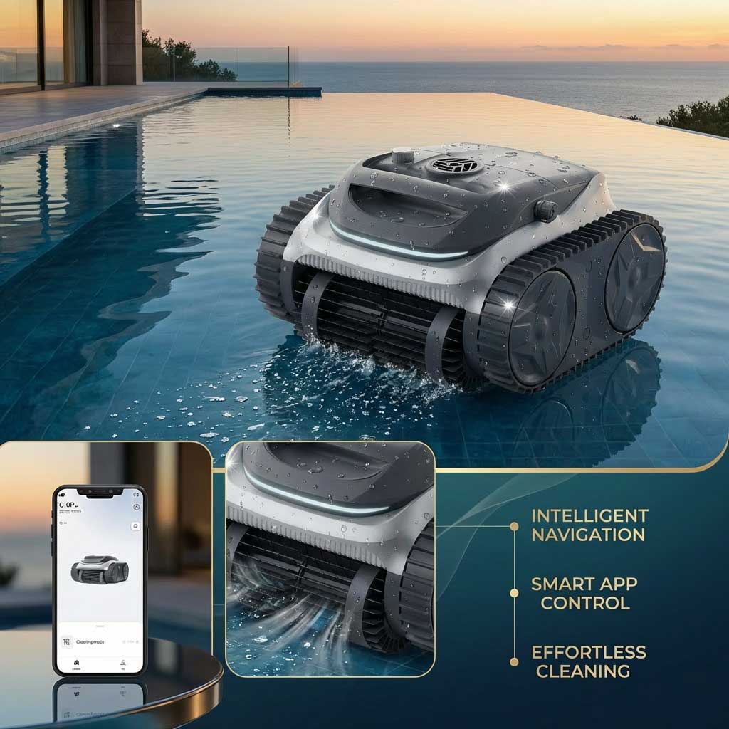 Roboter-Poolreiniger für den Einsatz in einem Infinity-Pool mit intelligenter App-Steuerung und intelligenter Navigation.
