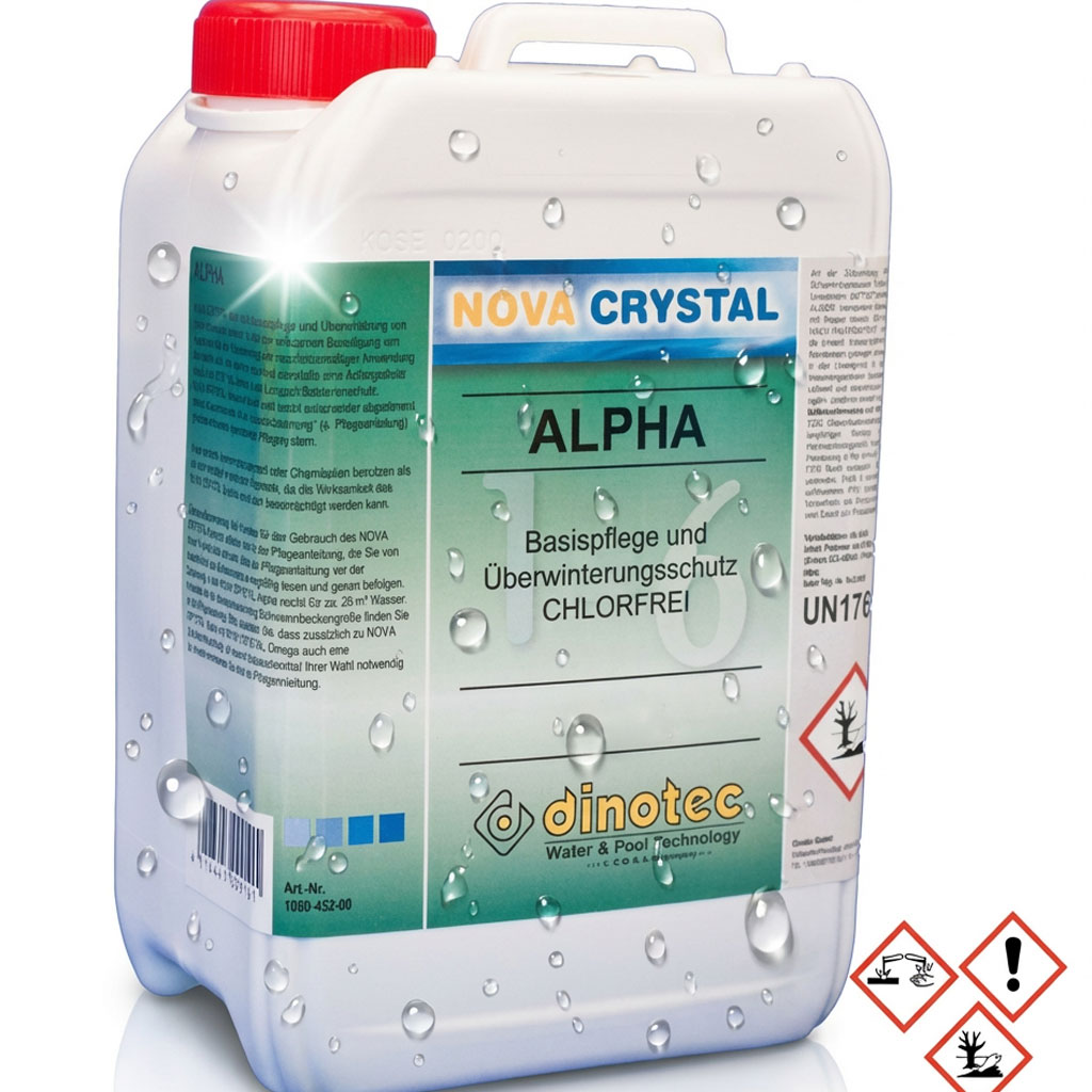Weißer Kunststoffbehälter mit rotem Deckel und der Aufschrift „NOVA CRYSTAL ALPHA“ für die Poolpflege.