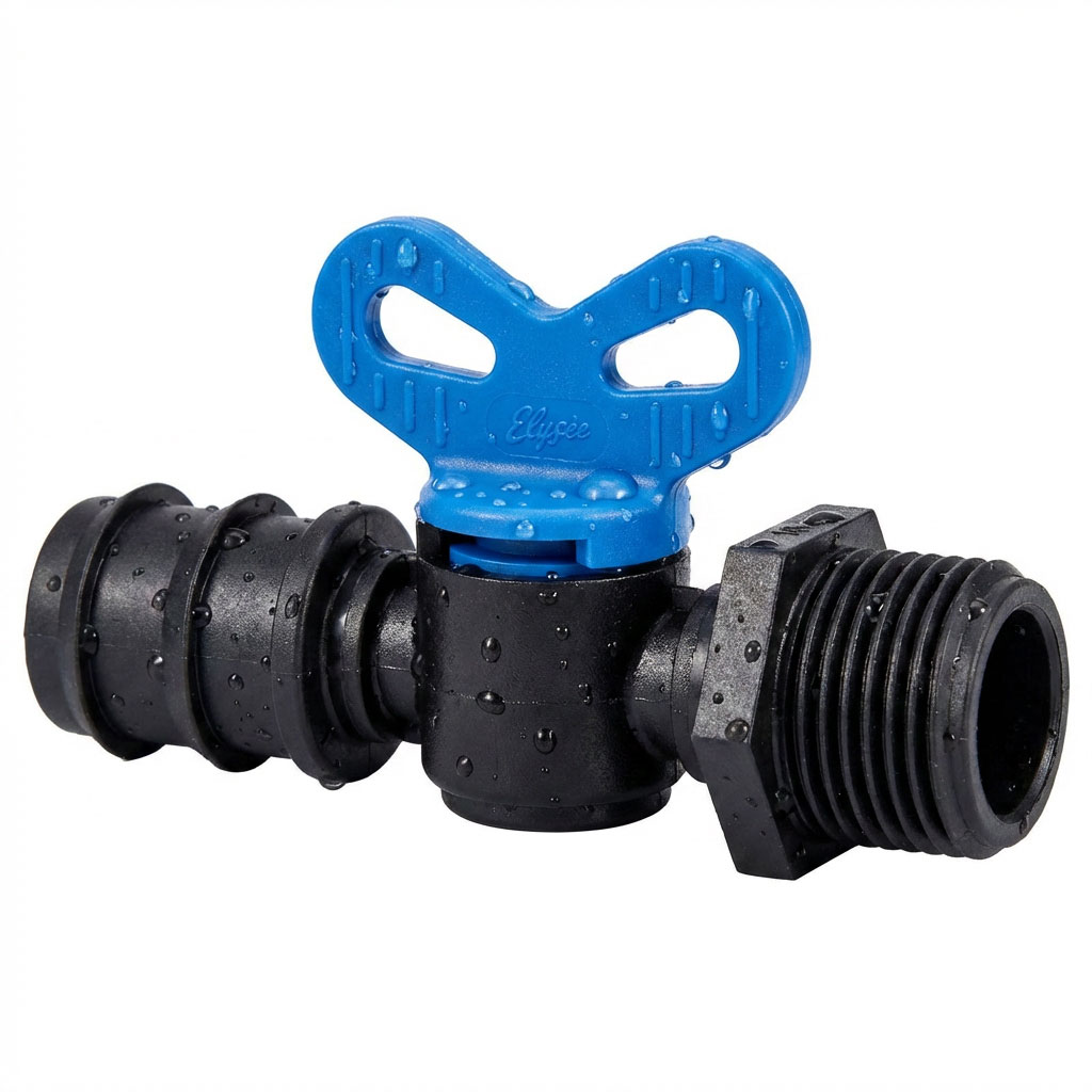 Schwarzes Ventil mit blauem Griff zur Steuerung des Wasserdurchflusses und Gewindeende.