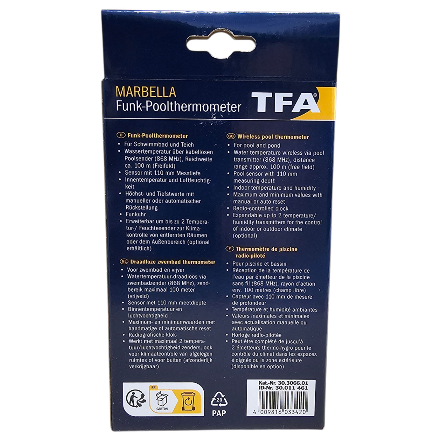 Die Rückseite einer Produktverpackung für ein kabelloses Poolthermometer mit technischen Daten.