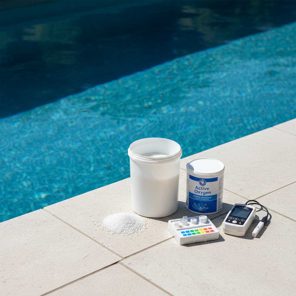 Blick vom Pool auf aktive Sauerstoffchemikalien, Behälter, Tester und Tabletten zur Wasserhygiene.