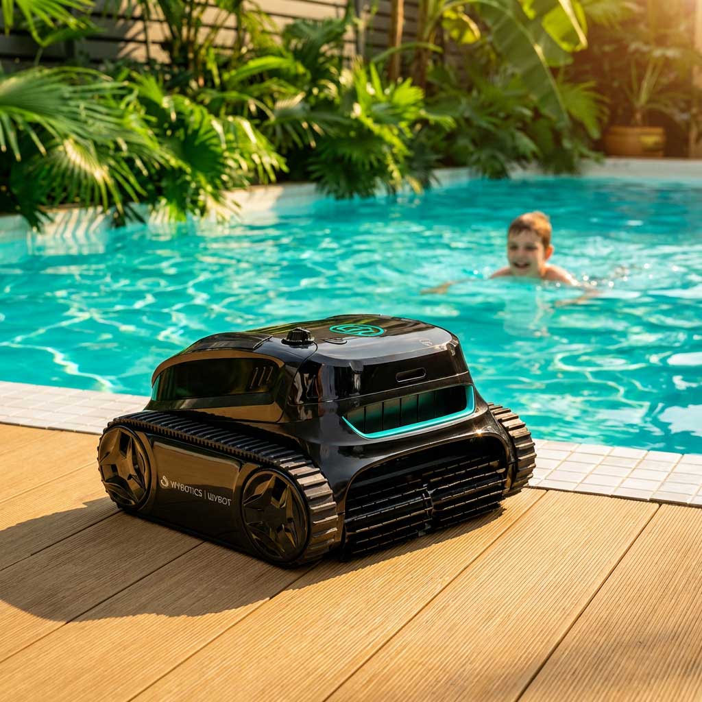 Roboter-Poolreiniger neben einem Schwimmbad mit schwimmendem Kind.