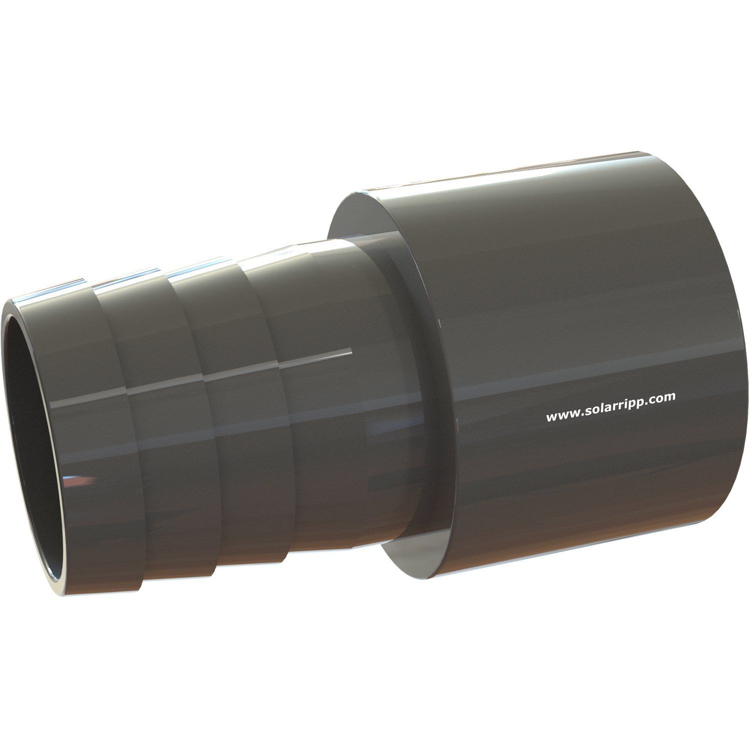 Bild eines dunkelgrauen Kunststoffschlauchadapters mit abgestuftem Widerhaken und zylindrischen Enden.