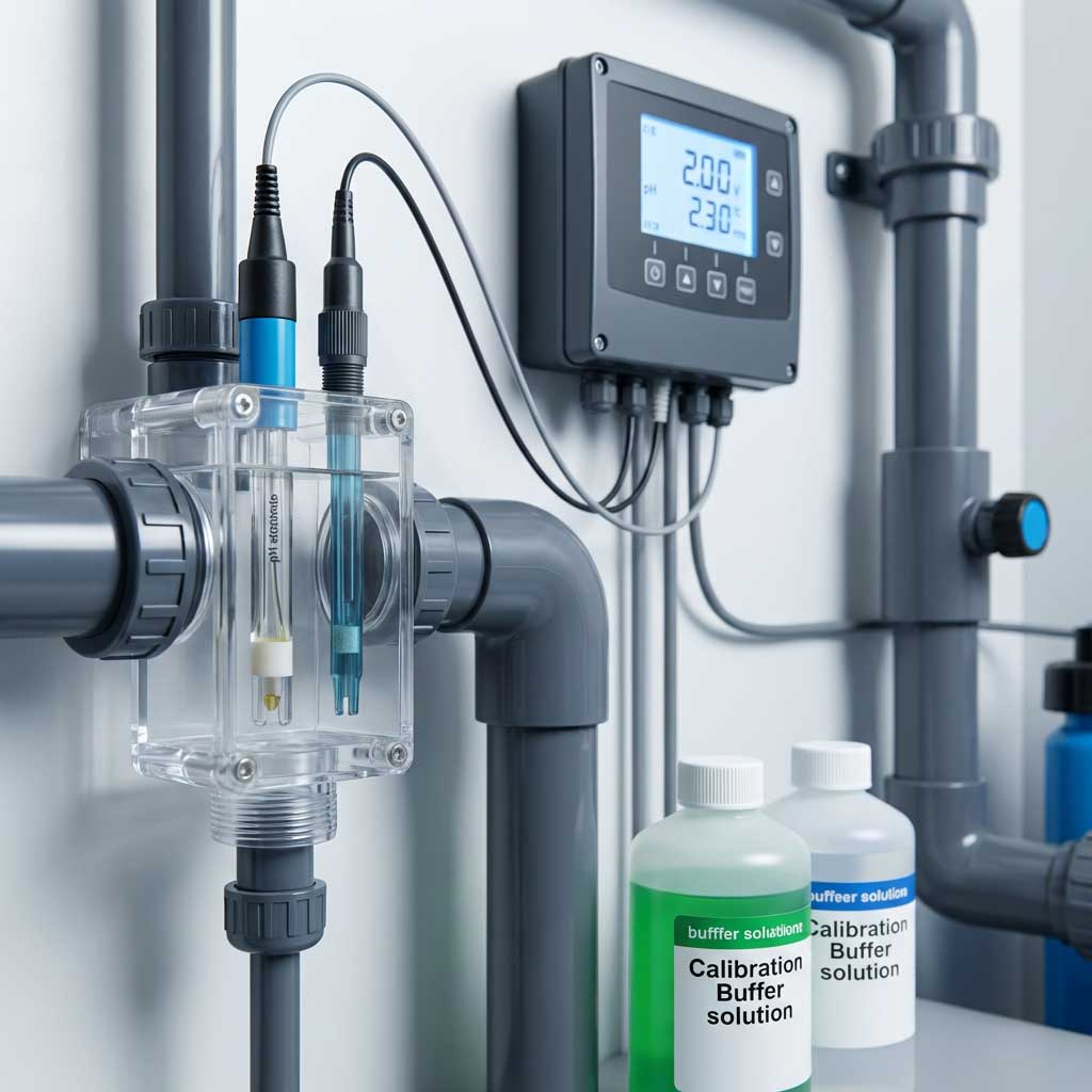 Prozessüberwachungssystem mit transparentem Gehäuse, Sensoren, Schläuchen und Display, das die Kalibrierlösung anzeigt.