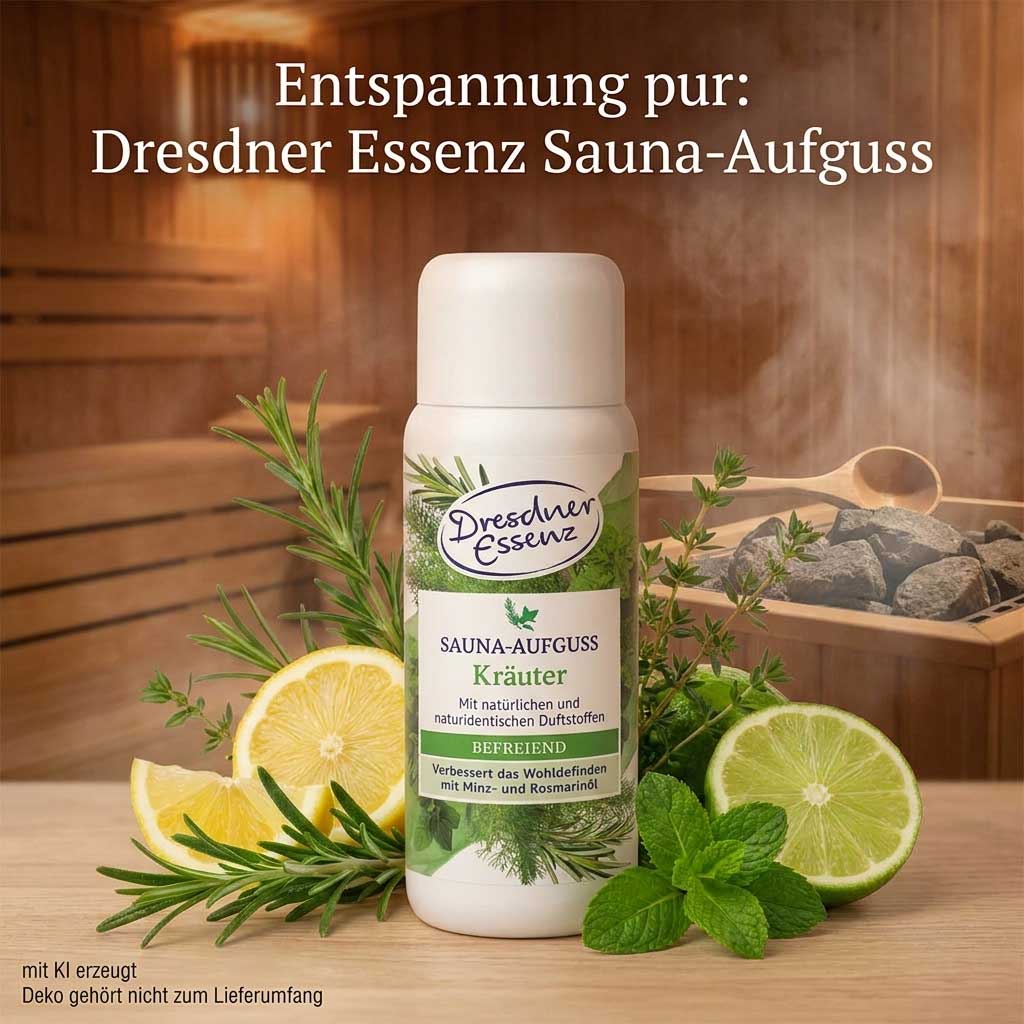 Eine weiße Flasche Dresdner Essenz Saunaaufgusskonzentrat mit Kräuteretikett.