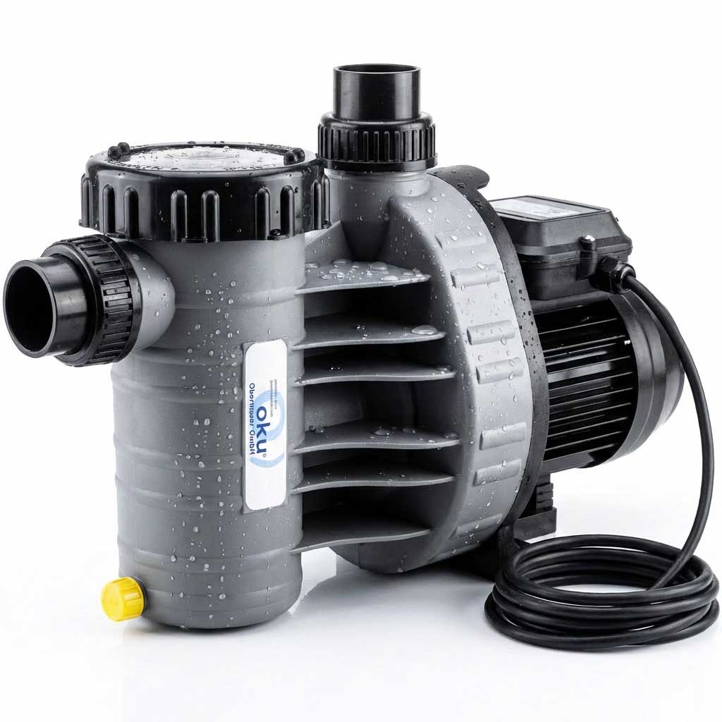 Eine graue Poolpumpe mit mehreren Anschlüssen und einem Netzkabel.