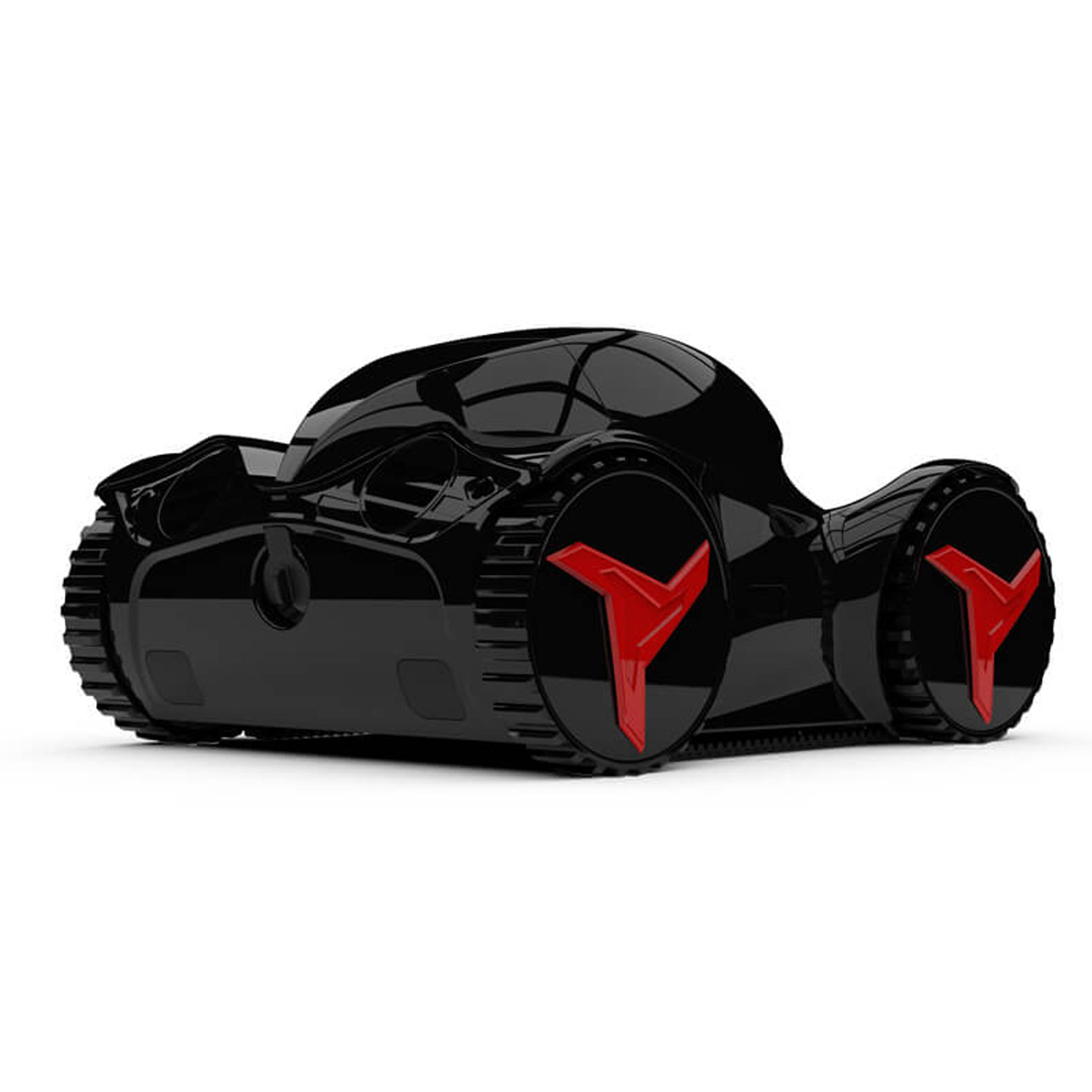 Schwarzer Roboter-Poolreiniger mit roten Akzenten auf Rädern.