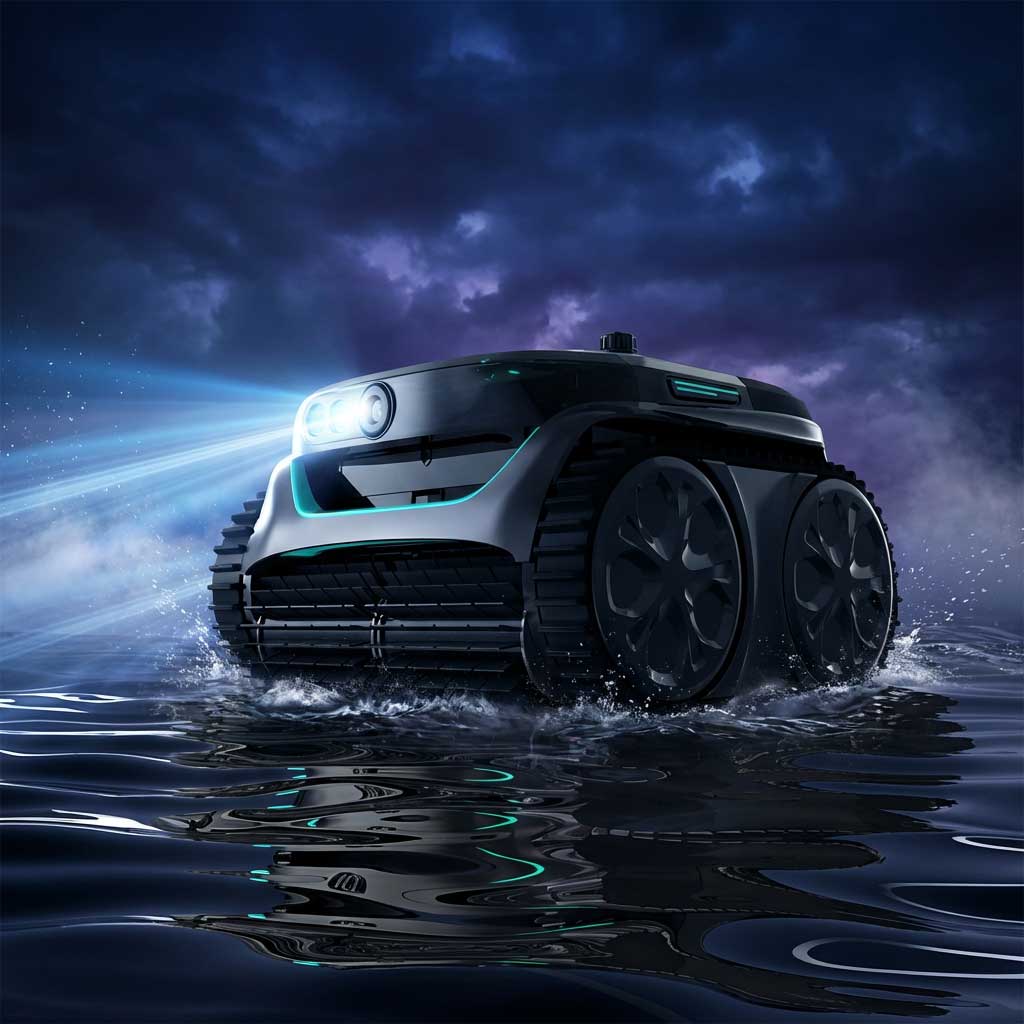 Im Wasser arbeitender Roboter-Poolreiniger mit beleuchteten Funktionen.