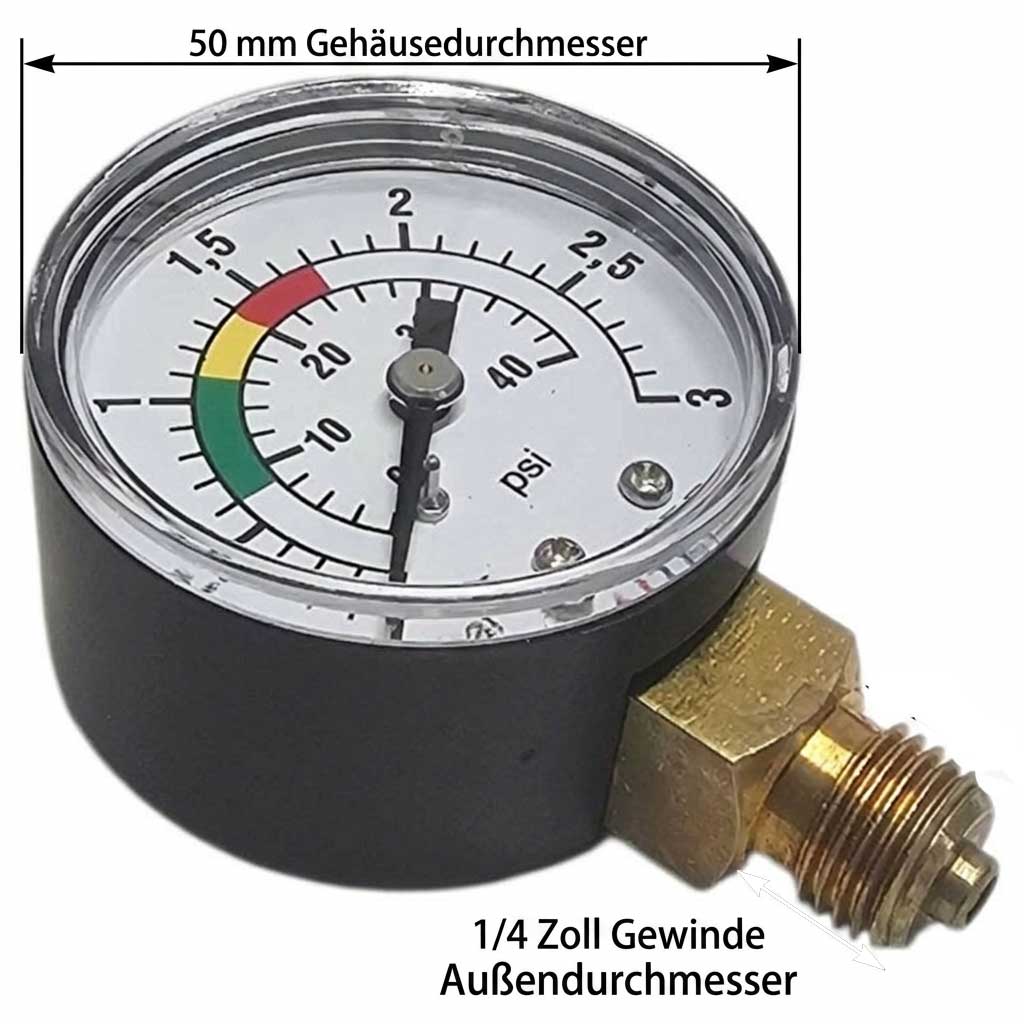 Manometer mit 50 mm Durchmesser und psi-Messskala.