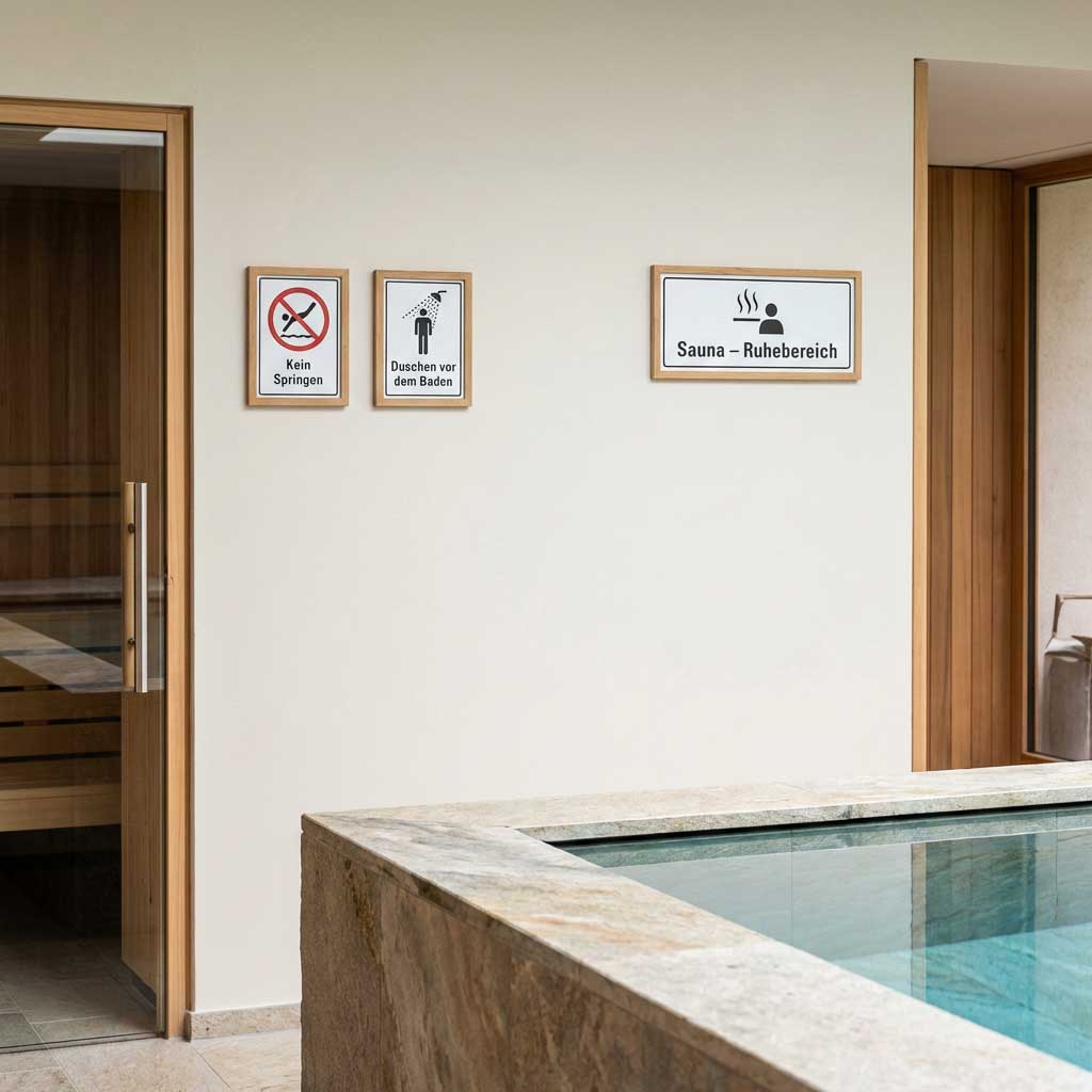 Das Bild zeigt den Saunaeingang, den Pool und Schilder mit der Aufschrift „Tauchen verboten“, „Vor dem Baden duschen“ und „Sauna“.