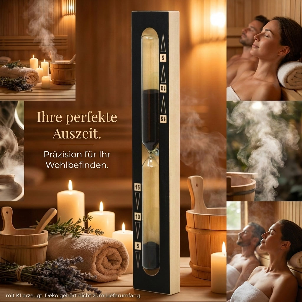Eine Sauna-Sanduhr mit schwarzer Frontplatte und dunklem Sand auf einer Holzoberfläche.