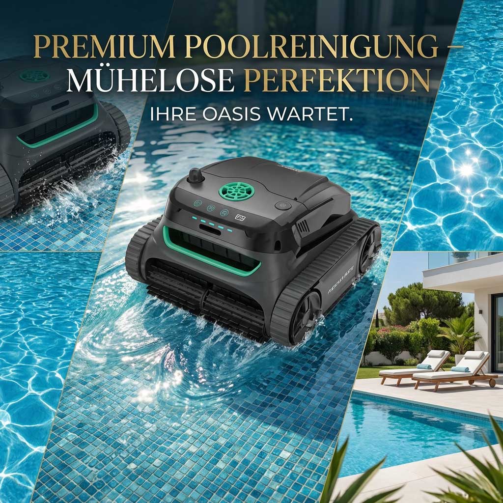 Roboter-Poolreiniger im Einsatz in einem gefliesten Schwimmbad.