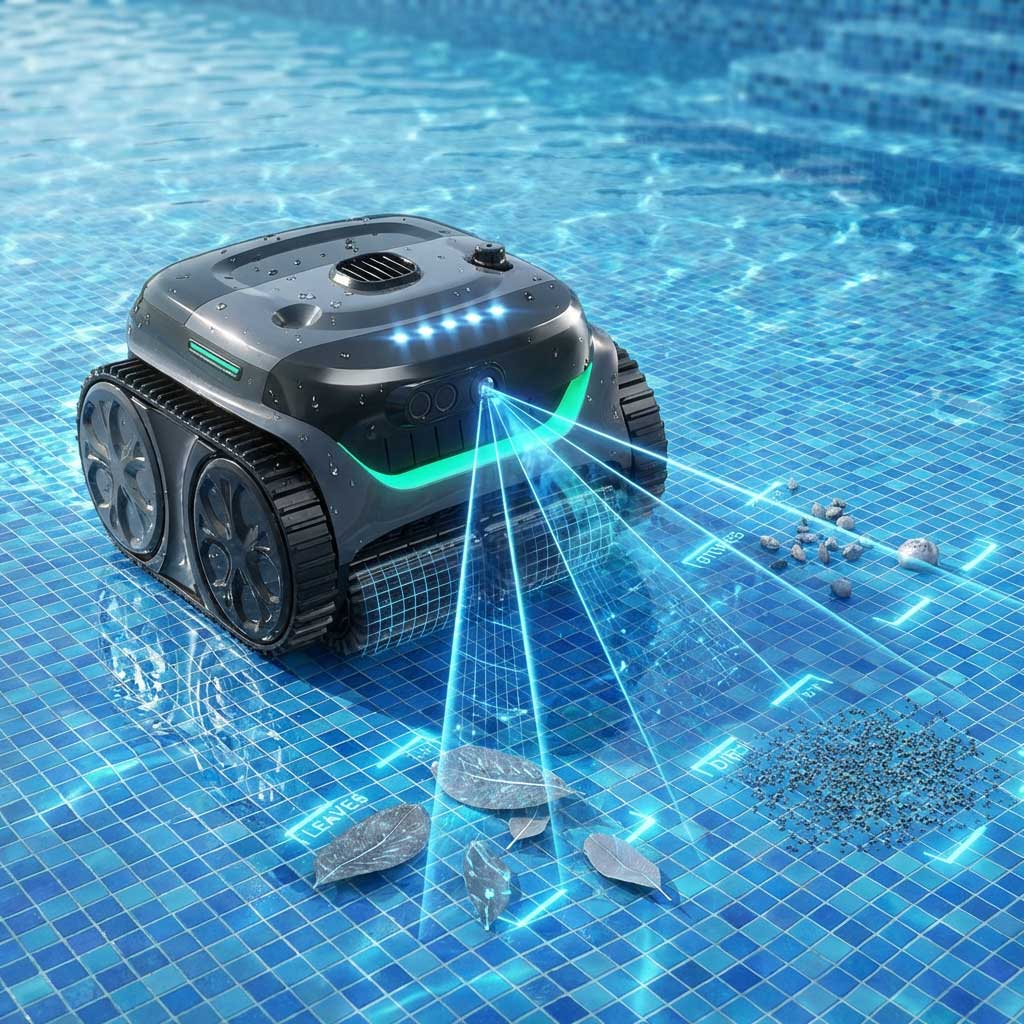 Automatisierter Poolreiniger für den Einsatz in einem gefliesten Schwimmbad.