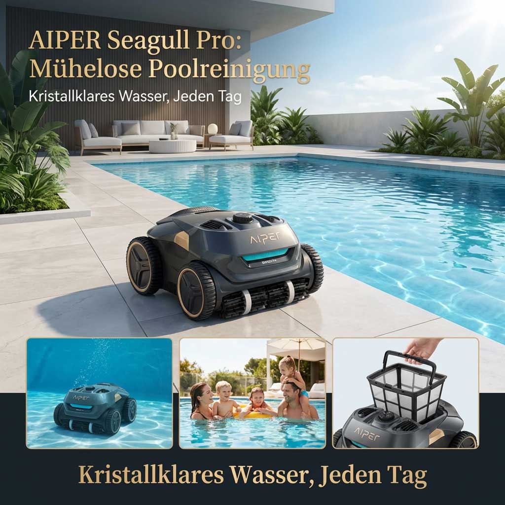 Roboter-Poolreiniger am Poolrand mit Wasserreflexionen.
