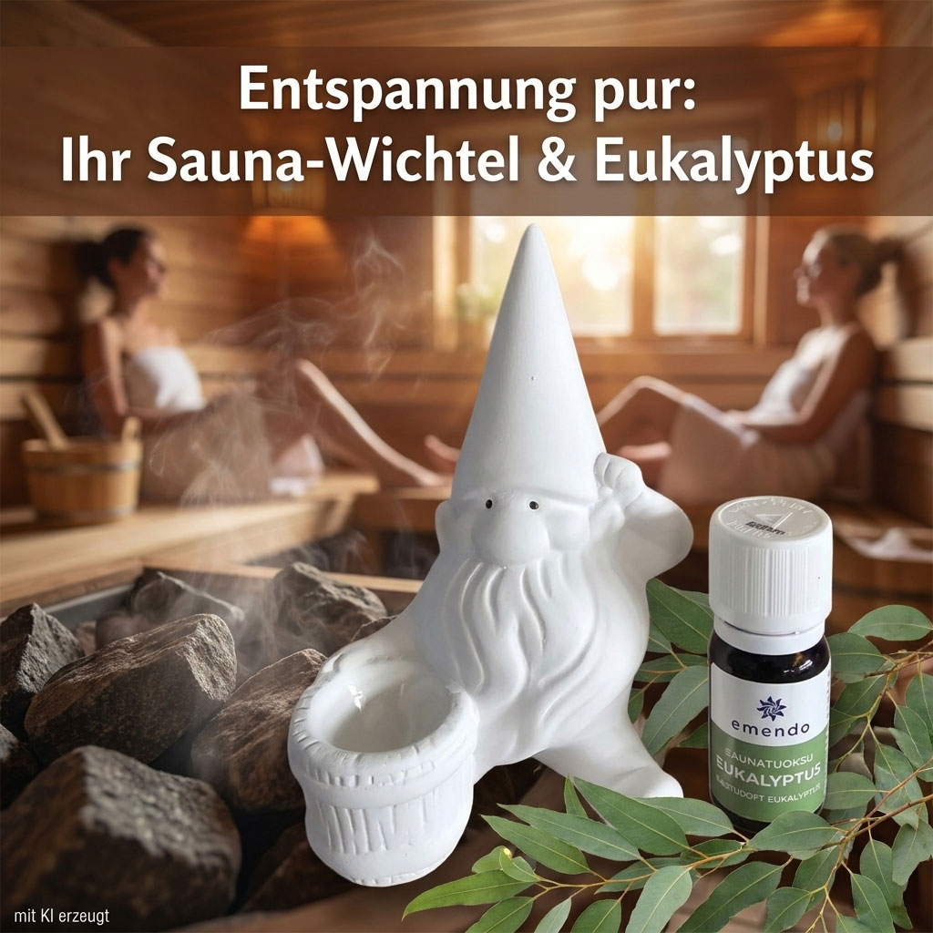 Ein weißer Keramik-Wichtel als Sauna-Duftschale neben einer Flasche Eukalyptus-Saunaöl.