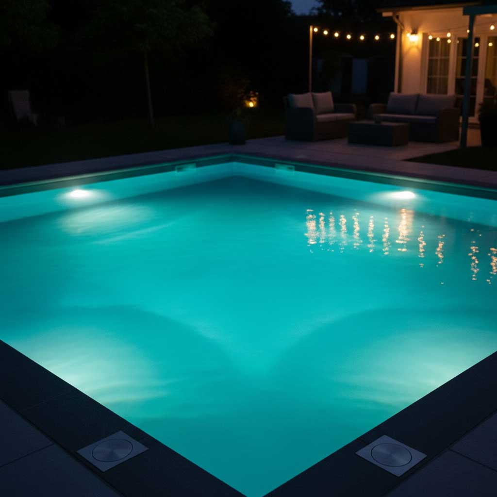 Beleuchteter, in den Boden eingelassener Pool mit türkisfarbenem Wasser, flächenbündiger Beleuchtung und Terrasse bei Nacht.