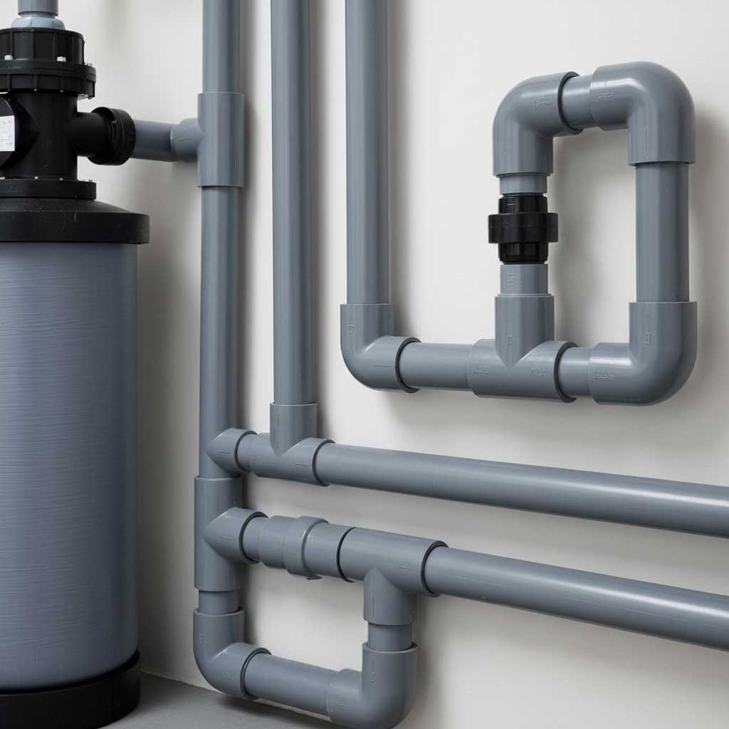 Das Bild zeigt ein Wasserfiltersystem mit PVC-Rohrleitungen und -Armaturen vor einer weißen Wand.