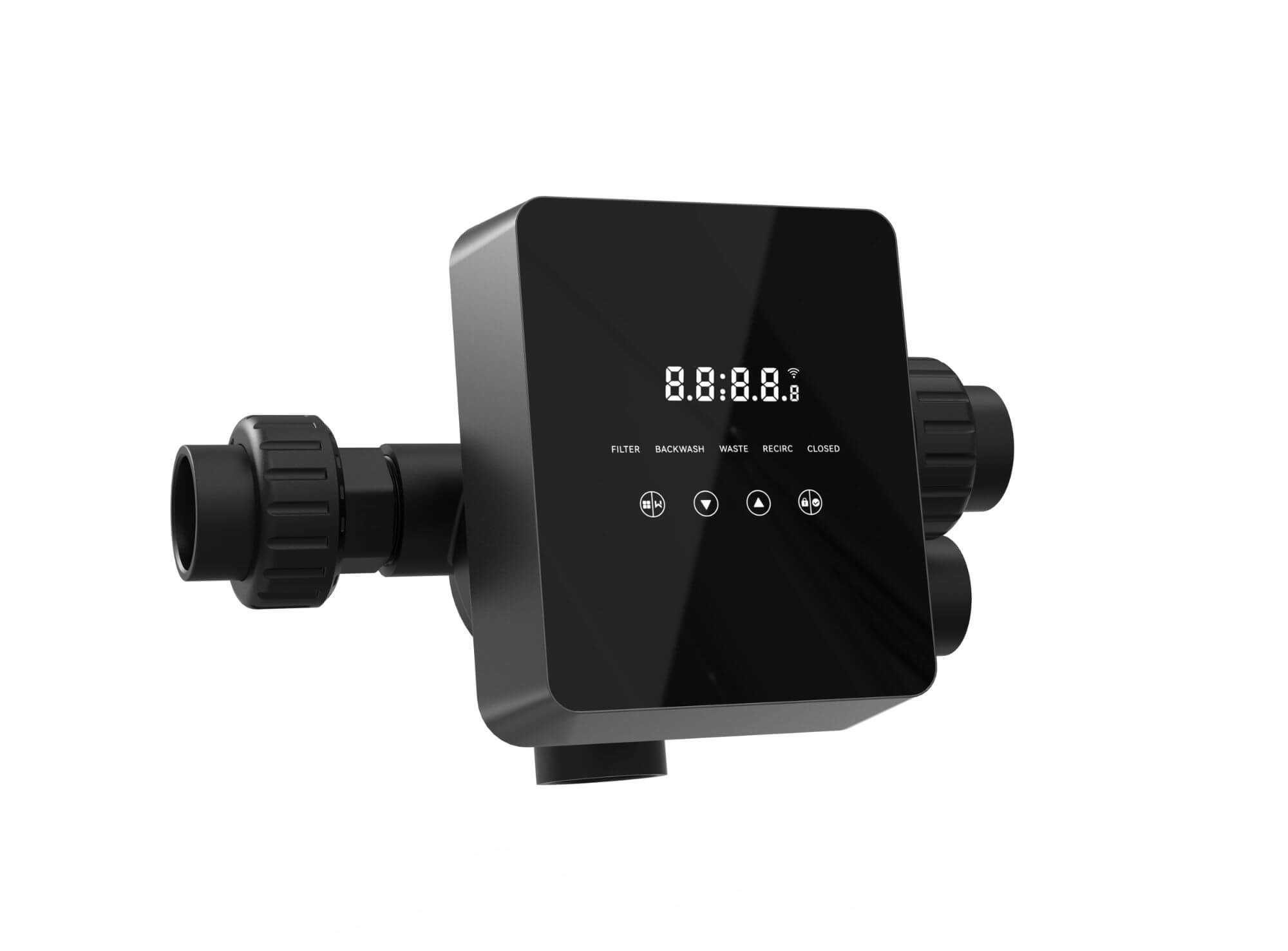 Digitales Pool-Bedienfeld mit LED-Anzeige und Einstellungstasten.